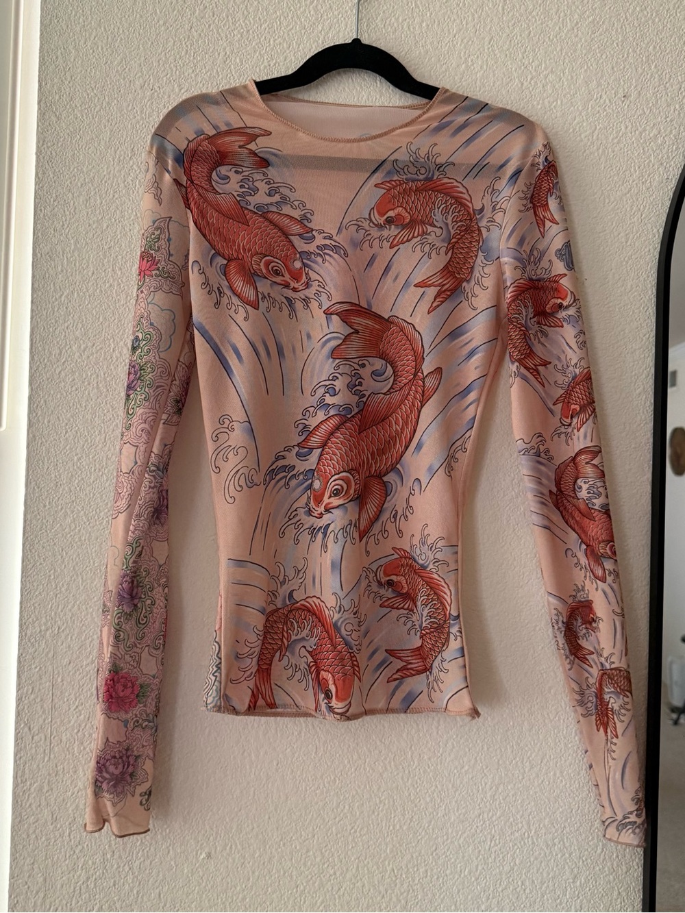 Miami Ink Y2K Sheer Mesh Koi Fish Floral Tattoo Long Sleeve Top XS S